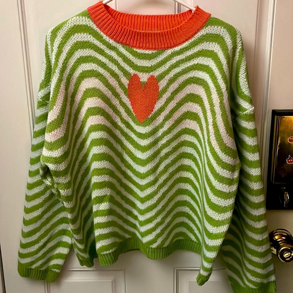 Green striped Sweater with Pink Heart